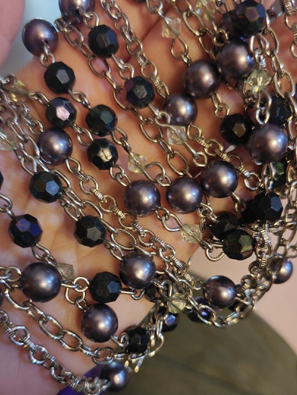 Multi-Strand Grey Pearl & Black Bead Necklace - Women Jewelry